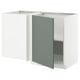 A white METOD kitchen cabinet with grey-green nickebo doors. It a modern, minimalistic design with a melamine shelf inside.