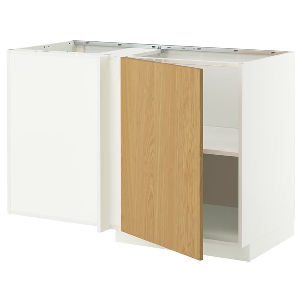 METOD Corner base cabinet with shelf, white/Sinarp oak veneer, 128x68 cm