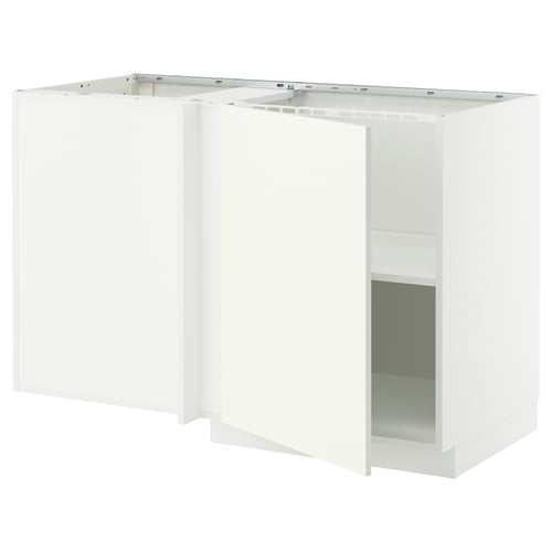 White METOD kitchen corner unit with vallstena fronts, featuring a melamine shelf and adjustable hinge.