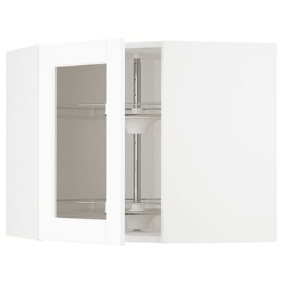 A white METOD kitchen cabinet with glass doors and an adjustable shelf.