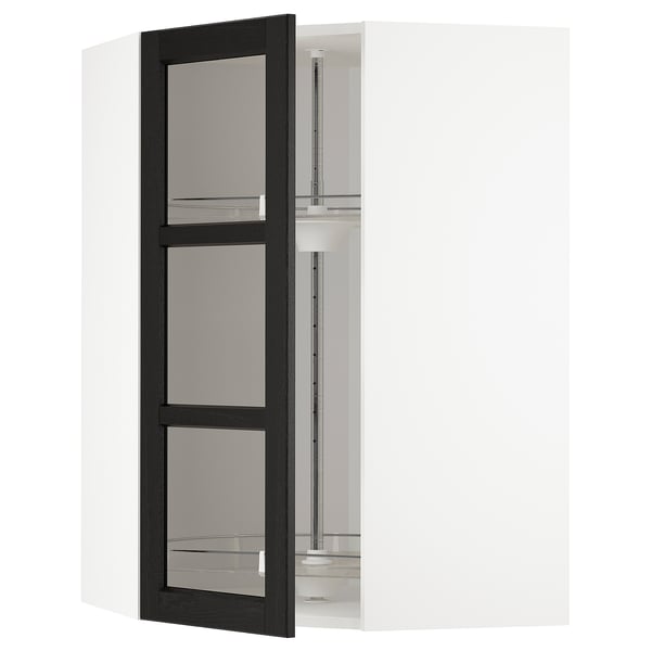 METOD black ash stained glass door kitchen cabinet, rectangular, tempered glass shelves.