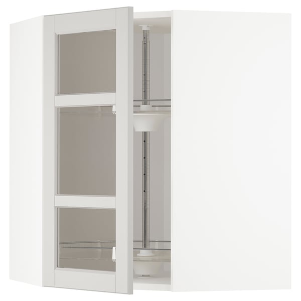 White METOD kitchen cabinet with glass doors and bevelled edges, adjustable shelf.