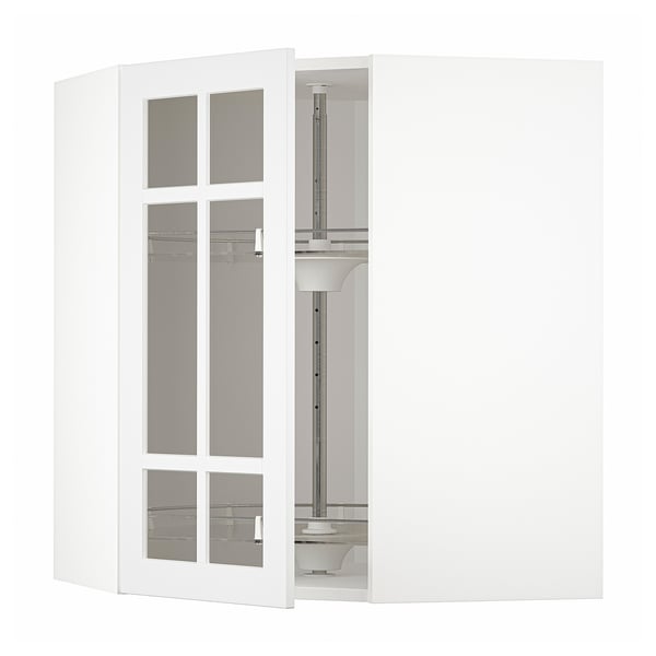 White METOD kitchen cabinet with glass doors and adjustable shelves.