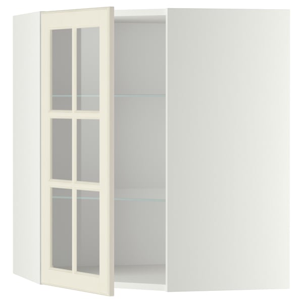 A white kitchen cabinet with glass doors. It a frosted glass section and adjustable shelves.