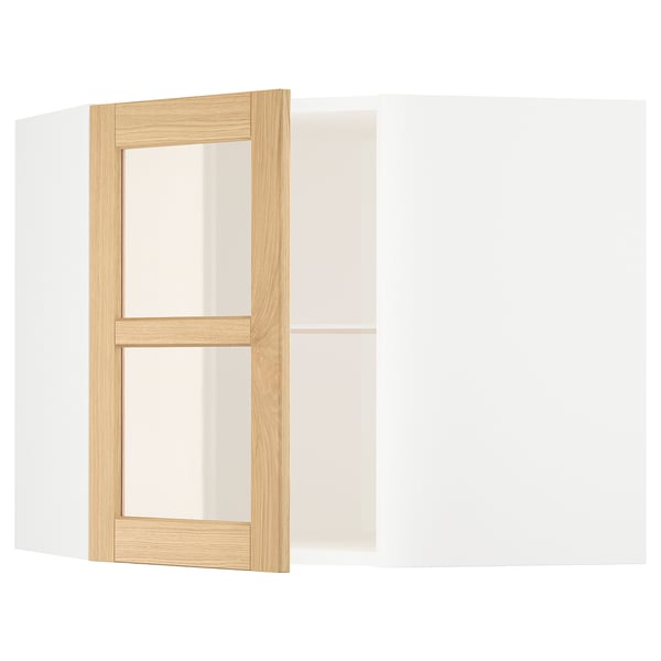 Light wood-framed glass cabinet door with bevelled edges.