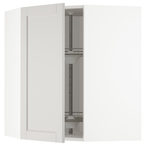METOD kitchen cabinet in white with gray sides and glass carousel insert.