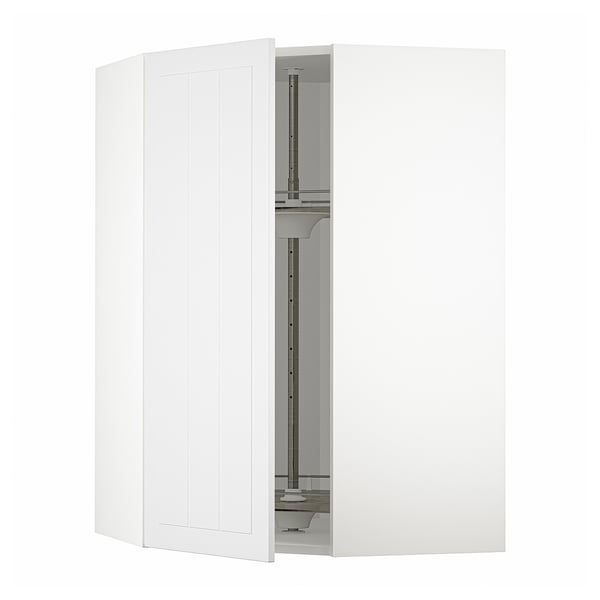 Method kitchen: white corner unit, adjustable shelf, glass carousel.