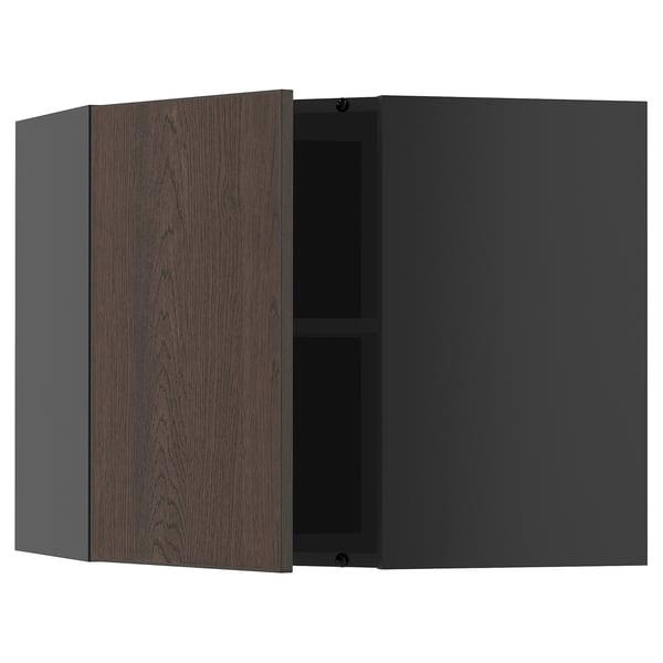 Open dark wood cabinet with adjustable shelf. Modern kitchen storage.