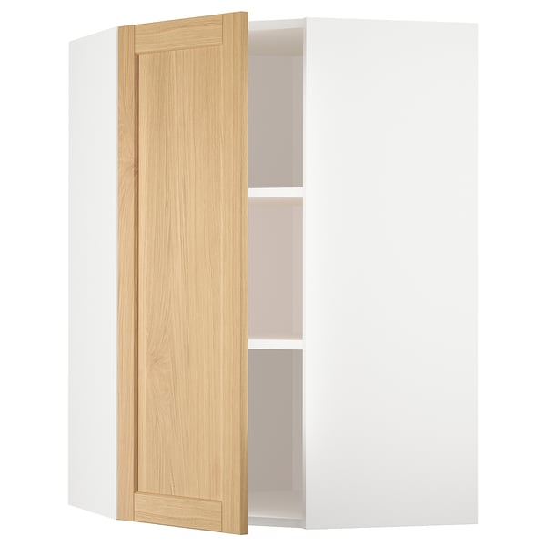 White METOD kitchen unit with oak door, bevelled edges, one shelf.