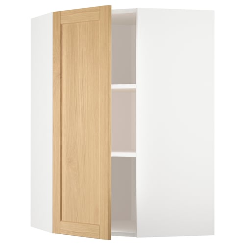 White METOD kitchen unit with oak door, bevelled edges, one shelf.