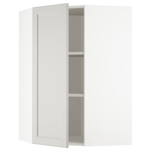 White wall-mounted corner cabinet from IKEAs METOD kitchen system, featuring light grey lerhyttan fronts with bevelled edges for a classic look.