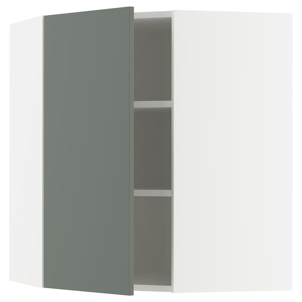 An open, modern, wall-mounted kitchen cabinet with a grey-green door and adjustable shelves.