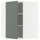 An open, modern, wall-mounted kitchen cabinet with a grey-green door and adjustable shelves.