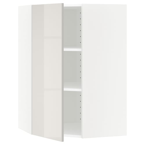 A white METOD kitchen cabinet with a modern, sleek design. The cabinet a high gloss grey door and is adjustable inside.