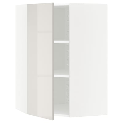 A white METOD kitchen cabinet with a modern, sleek design. The cabinet a high gloss grey door and is adjustable inside.
