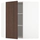 Open kitchen cabinet with dark brown wood door, adjustable shelf, modern design, white interior.