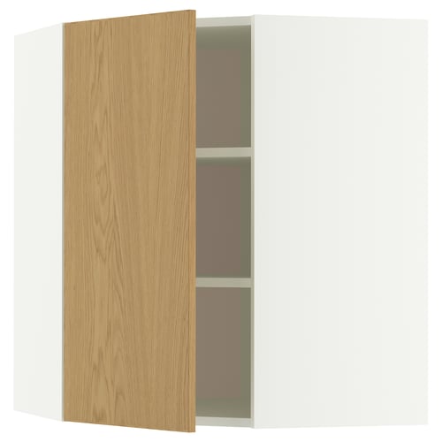 METOD corner cabinet with adjustable shelves, white and oak effect veneer, rectangular, minimalist design.