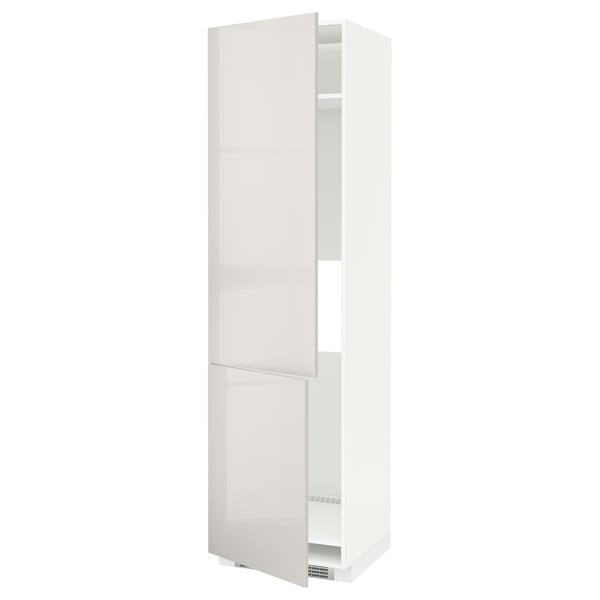 A white, glossy cabinet with two doors. It is tall and slim, with a modern design and adjustable shelves.