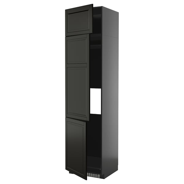 Black modern kitchen cabinet with beveled edges and multiple shelves.