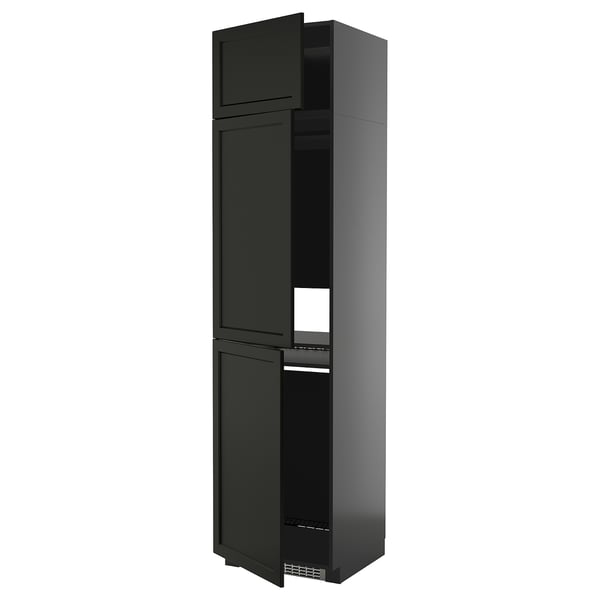 Black METOD tall kitchen cabinet with open doors.