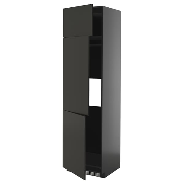 Black glossy METOD tall kitchen cabinet with open doors.