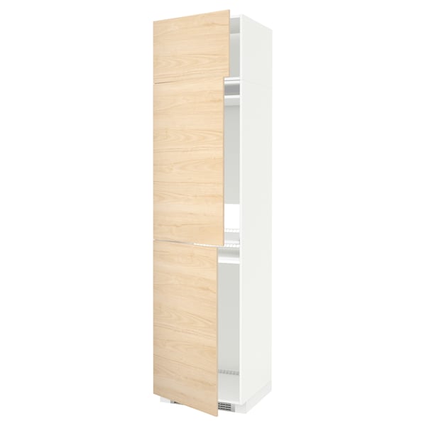White and light wood cabinet with double doors and adjustable shelves.