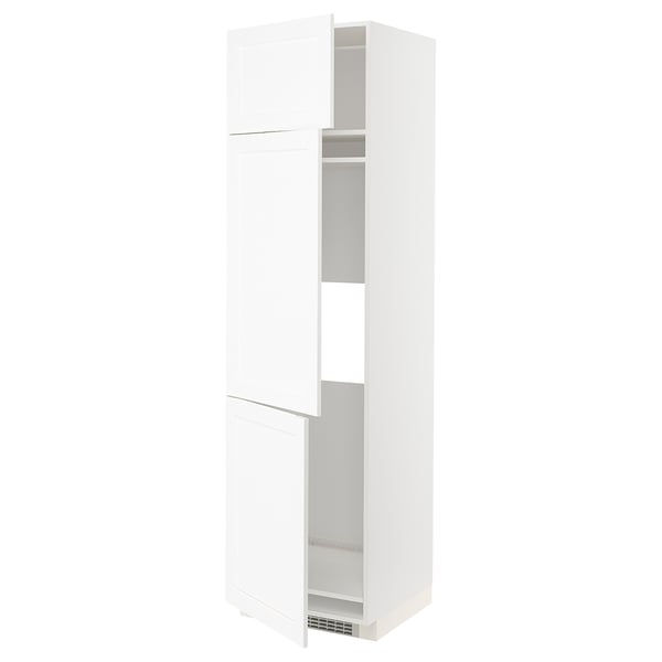 White METOD kitchen cabinet, slim design with open doors.