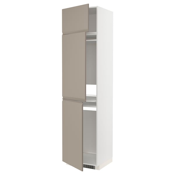 A tall, modern, beige cabinet from the METOD kitchen system. It two adjustable shelves and integrated handles.