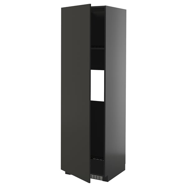 Black METOD tall kitchen cabinet, one adjustable shelf, glossy finish, one door open.