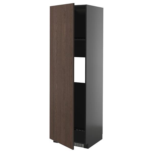 METOD kitchen unit in dark brown with adjustable shelves. Tall cabinet, wood finish, black frame.