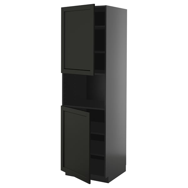 Black METOD kitchen cabinet with 2 shelves: bottom with door, top open.