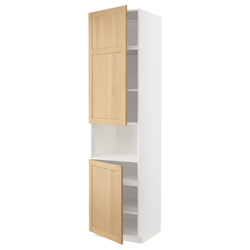 A white and light wood-colored METOD kitchen cabinet system with two open doors, featuring an adjustable shelf.
