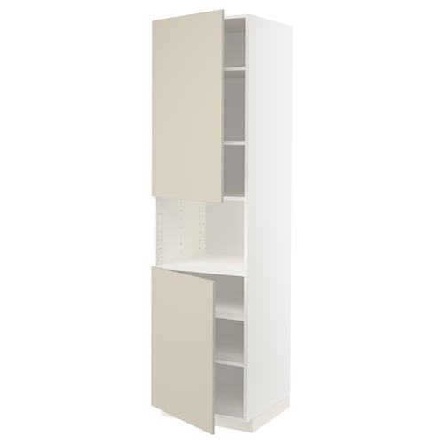 White METOD kitchen cabinet with beige doors, tall, two shelves.