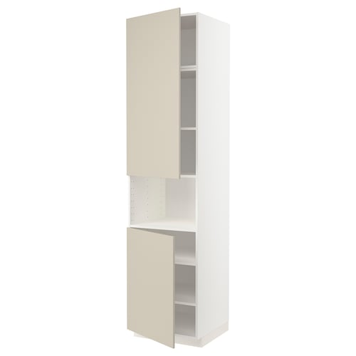 A METOD kitchen unit with beige havstorp doors, featuring two open compartments and an adjustable shelf inside, all in a clean, modern design.