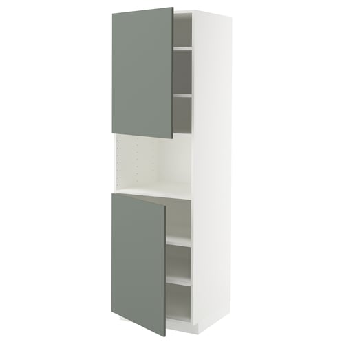 A METOD kitchen unit with grey-green nickebo fronts, including two open grey-green doors and an exposed shelf.