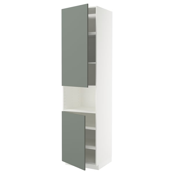 Modern white METOD cabinet with gray-green textured doors and adjustable shelves.