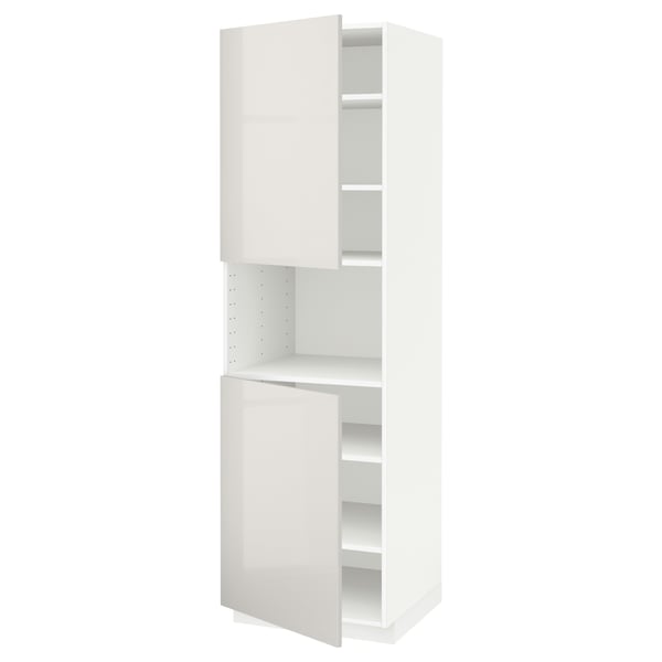 Modern kitchen cabinet with glossy finish, two adjustable shelves, and fixed shelf, featuring top and bottom doors.