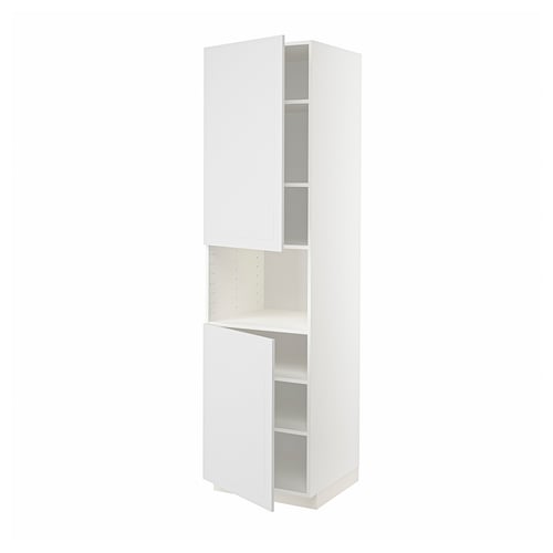 White METOD kitchen cabinet with two open doors showing shelves.