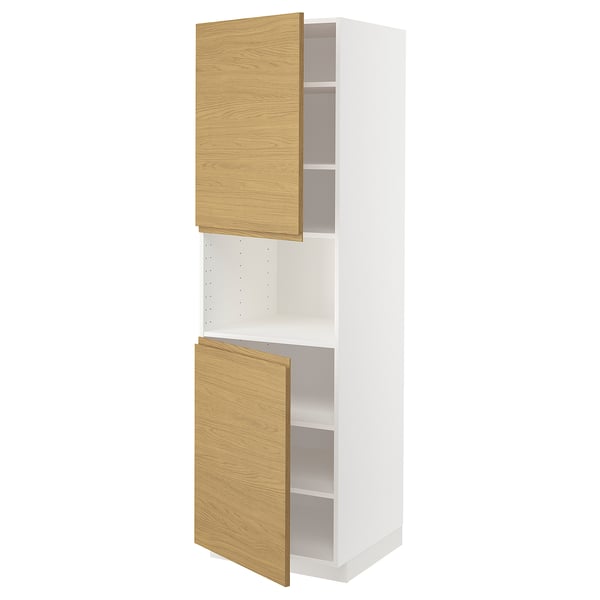 Modern white kitchen cabinet with oak doors both open. One shelf exposed.