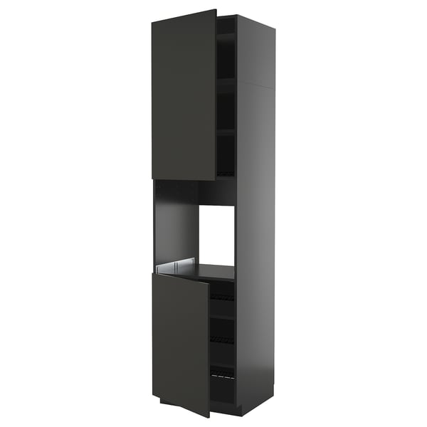 A tall dark gray kitchen cabinet with two open doors revealing adjustable shelves inside.