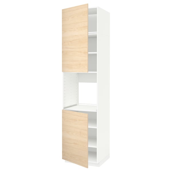 An ikea METOD kitchen unit with white and light ash wood doors, featuring adjustable shelves.