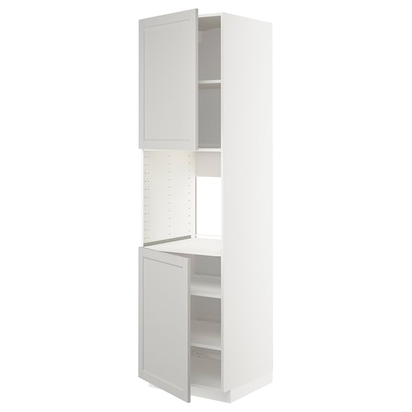 A white METOD kitchen cabinet from IKEA. It has a tall, rectangular shape with a door and interior shelves, ideal for kitchen storage.