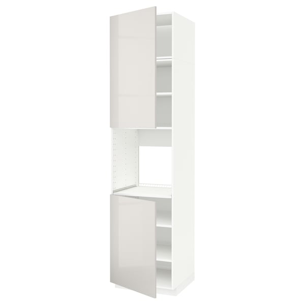 A white METOD kitchen cabinet set with a sleek, modern design. It a high-gloss finish and multiple storage compartments.