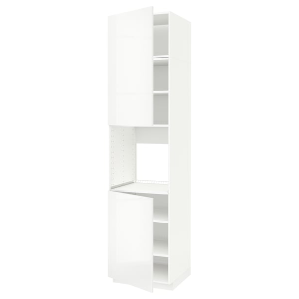 METOD white kitchen unit with glossy doors, sturdy frame, adjustable shelves, and hinges.