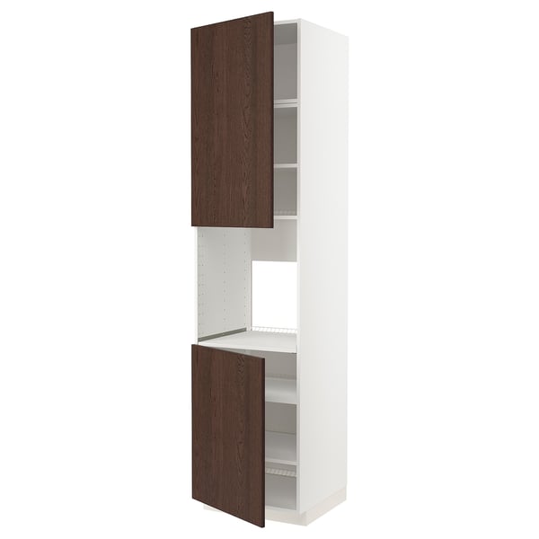 Ikea METOD white kitchen cabinet with dark brown sinarp wooden doors, tall, adjustable shelves.