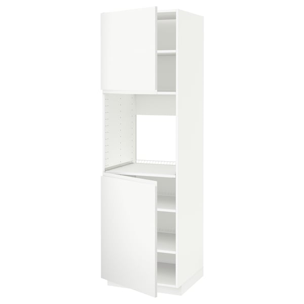 White METOD kitchen unit. Tall, rectangular shape with adjustable shelves, modern minimalist design.