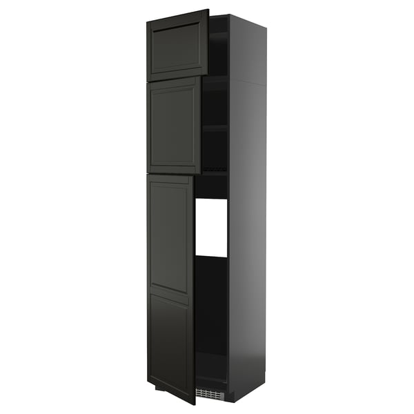 Black tall kitchen cabinet, modern design, multiple shelves, sleek finish.
