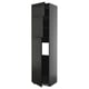 Black tall kitchen cabinet, modern design, multiple shelves, sleek finish.
