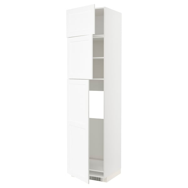 White METOD tall kitchen cabinet with white grain, adjustable shelves, two doors.