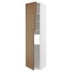 Modern tall white kitchen cabinet with walnut wooden doors. Adjustable shelves, sleek design.